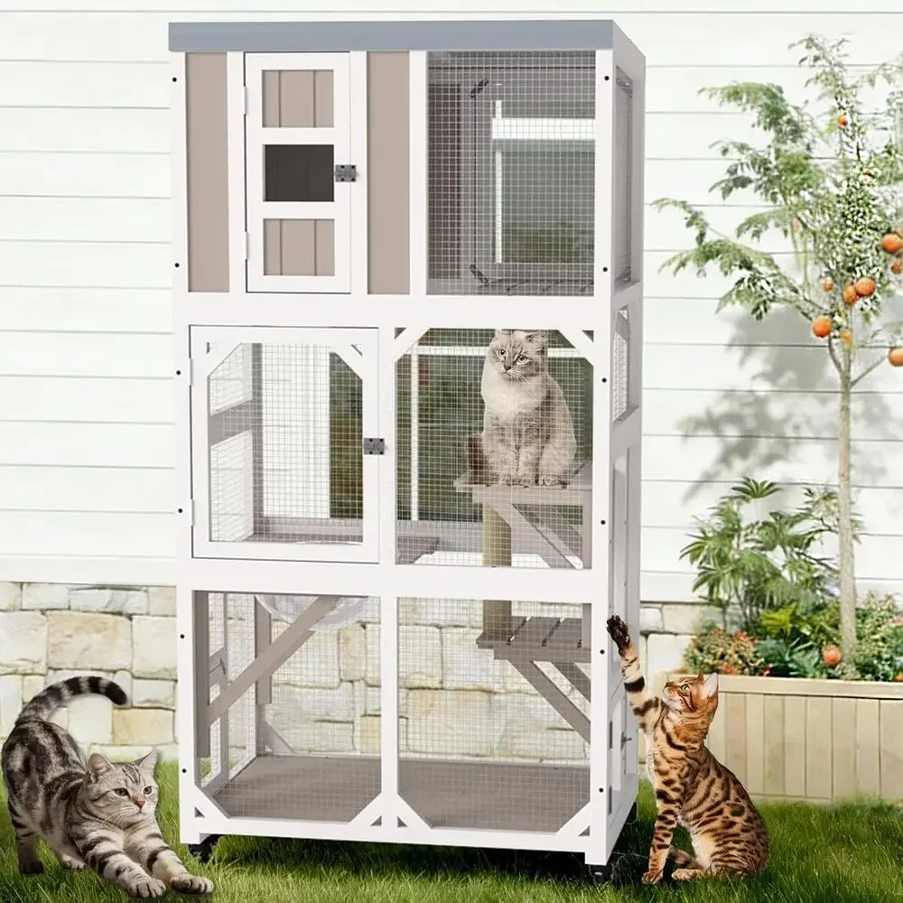 Cat Scratching Post - قفص قطط خارجي بعجلات، مع نافذة،